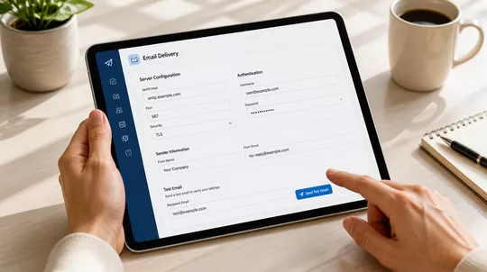 Tablet displaying an email delivery solution form